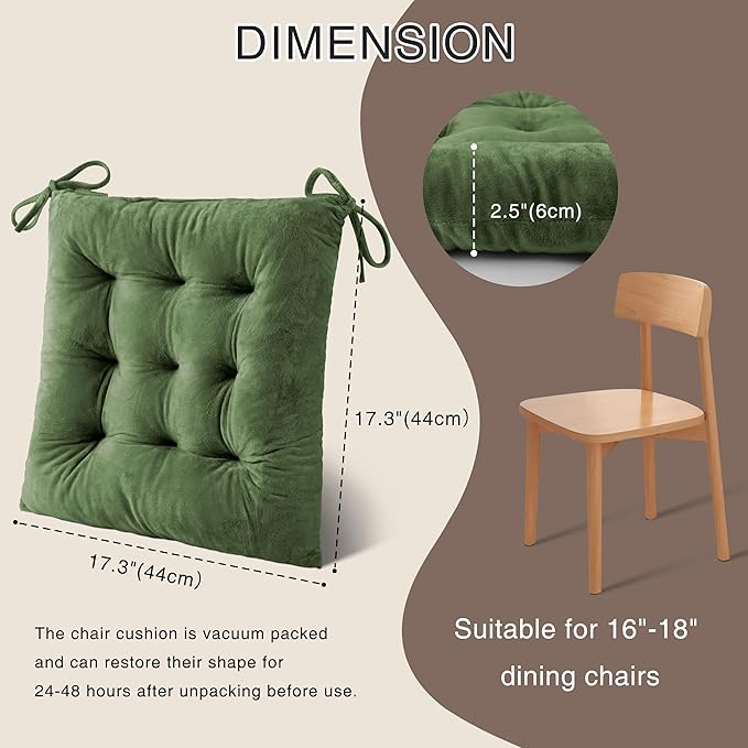 OVOV 6 Pack Chair Cushions for Dining Chairs Soft Seat Cushions for Kitchen Desk Chairs Square Chair Pads with Ties (15.5"x15.5" Green)