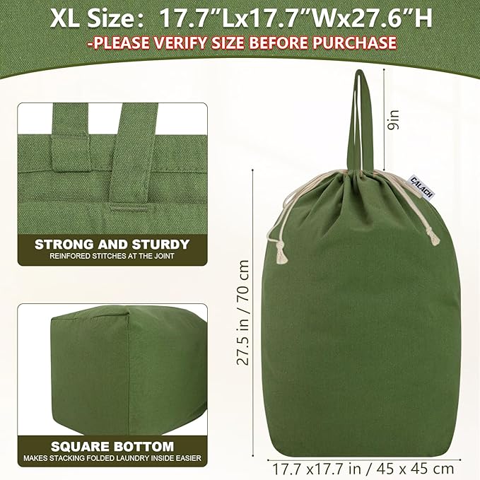 Canvas Laundry Bags with Handles & Square Base 18"Lx18"Wx27.6"H, Extra Large Heavy Duty Laundry Basket Hamper Liner, Washable Drawstring Dirty Clothes Bag Canvas Storage Sack (Army Green XL)