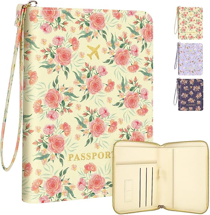 KONVINIT Passport Holder For Travel, RFID Blocking Leather Passport Cover For Travel Accessories, Passport Wallet with Zipper Closure, Cute Passport Book for Women and Men, Pink Flowers