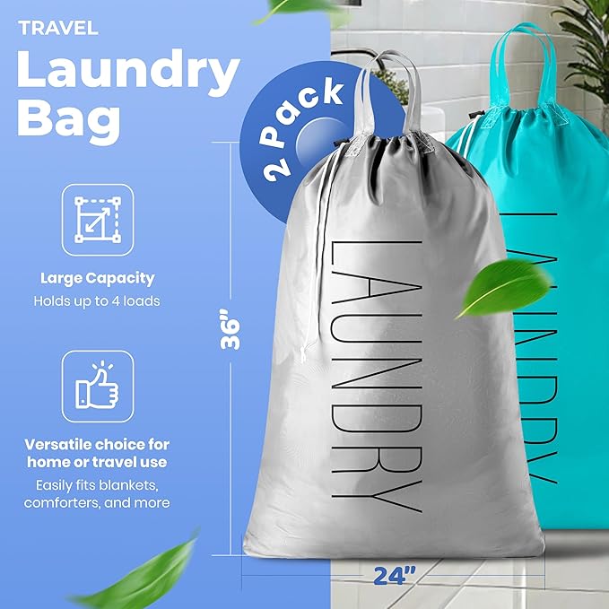 Handy Laundry Extra Large Travel Laundry Bags 2-Pack – 24 x 36 Inches Heavy Duty Water-Resistant Dirty Clothes Bags for Travel, Camping, Dorm, Family – Sturdy Drawstring Closure, Teal-Grey Print