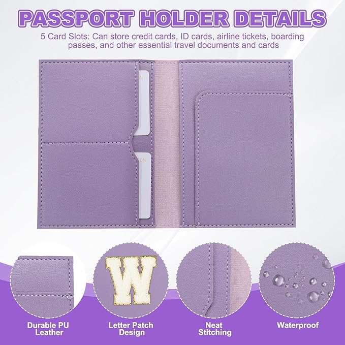 PATIKIL Passport Holder for Travel, Initial Passport Cover and Luggage Tag Set with Alphabet Chenille Letter Patch Travel Wallet Bag Suitcase Identifier for Women Family Travel Purple W