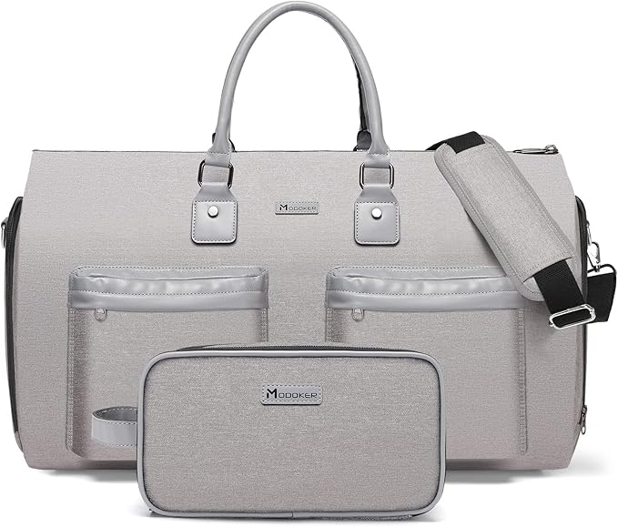 Modoker Convertible Garment Bag with Shoulder Strap, Carry on Garment Duffel Bag for Men Women - 2 in 1 Hanging Suitcase Suit Travel Bags, Light Grey