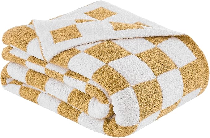 Checkered Throw Blanket, Khaki Soft Cozy Fluffy Knitted Throw Blankets for Couch, Sofa, Bed, Chair, Warm Fuzzy Travel Picnic Lightweight Plaid Blanket, 60x80 inches