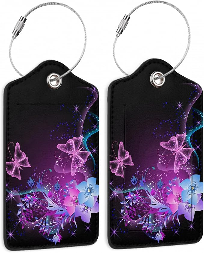 Luggage Tags for Suitcase,2 Pack Butterfly Luggage Tag Flowers Glowing Leather Privacy Cover ID Label with Stainless Steel Loop for Women Men Kids Girls Travel