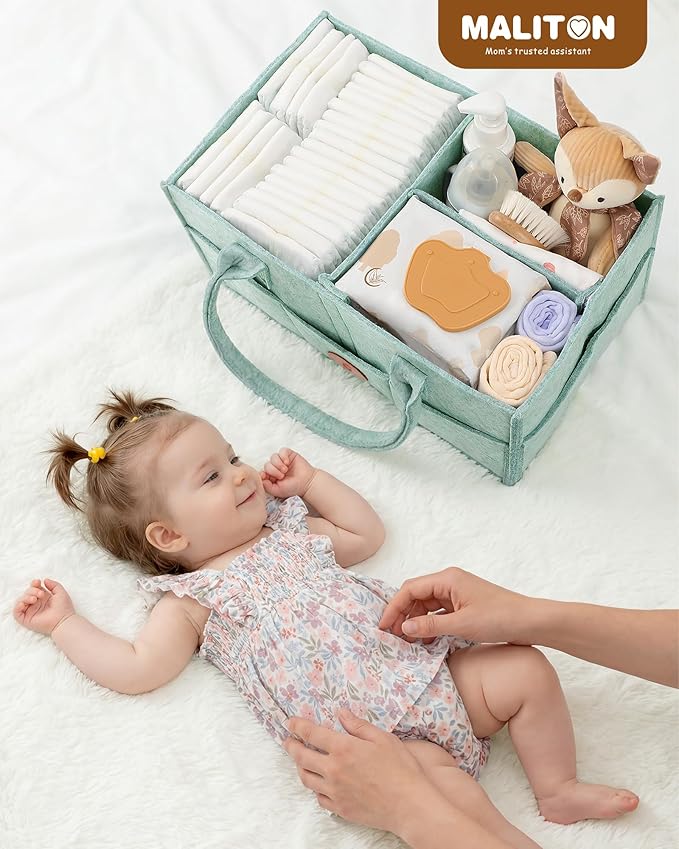 Maliton Baby Diaper Caddy, Nursery Storage Bin & Car Organizer with Handle, Large Felt Bag for Newborn essentials Boy or Girl, Changing Table Organizer for Baby Stuff, 15" x 9" x 7"Baby Shower Basket