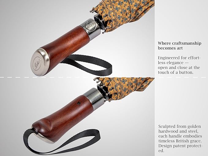 Balios (Designed in UK) Travel Umbrella Luxurious Golden Hardwood Handle Auto Open & Close Windproof Frame Single Canopy Automatic Folding Umbrella Men's & Ladies
