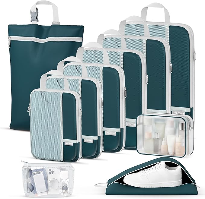 Percover Compression Packing Cubes 10-Piece Set, Packing Cubes Compression for Travel with Toiletry Bag, Laundry & Shoe Bag, All-in-One Travel Organizer for Carry On & Checked Luggage, Peacock Green