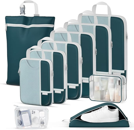 Percover Compression Packing Cubes 10-Piece Set, Packing Cubes Compression for Travel with Toiletry Bag, Laundry & Shoe Bag, All-in-One Travel Organizer for Carry On & Checked Luggage, Peacock Green