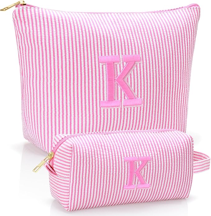 Personalized Initial Makeup Bag,Toiletry Travel Cosmetic Bag,Trendy Stuff for Teen Girls and Women,Holiday & Birthday Gift,2 Pack (K, Pink)