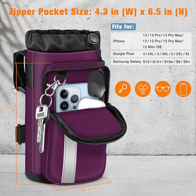 FINPAC Cup Holder for Bike, Universal Water Bottle Holder with Phone Pockets for Stroller Walker Golf Cart Rollator and Scooter, Outdoor, Biking - Purple