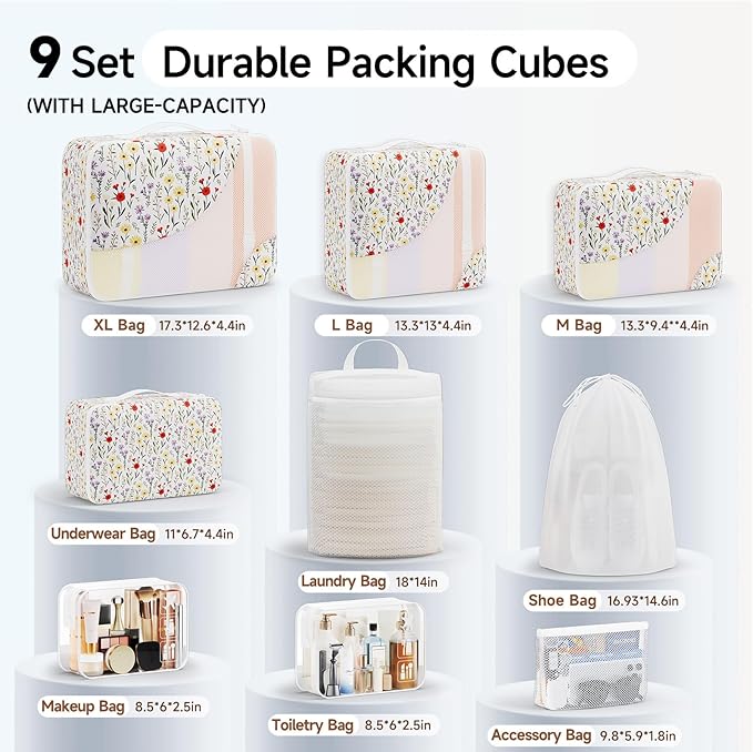 11 Set / 9 Set Packing Cubes for Travel,Gifts for Women Mom Kids,TSA Approved Bags for Makeup, Cosmetic, Toiletry, Organizers for Suitcase Carry On,Cruise Essentials Airplane Accessories,White Floral