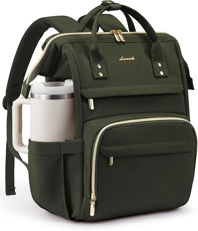 LOVEVOOK Laptop Backpack for Women with Giant Tumbler Holder Pocket,15.6 inch Waterproof Travel Backpack Purse Computer Laptop Bag,Professional Work College Nurse Teacher Backpack Daypack,Olive Green