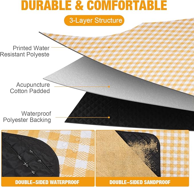 G GOOD GAIN Picnic Blankets Outdoor Extra Large - 80"x80" Portable Waterproof Picnic Blanket, Machine Washable 3-Layer Foldable Park Mat with Sandproof Backing for Grass, Hiking, Travel (Yellow)
