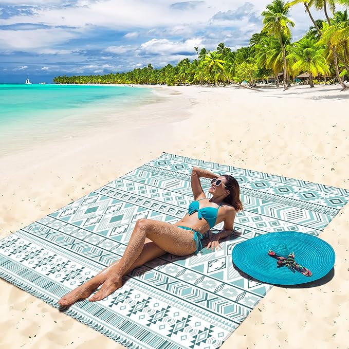 Beach Blanket Waterproof Sandproof Beach Mat for 1-8 Adults Quick Drying Durable Outdoor Picnic Mat for Beach Festival Travel Camping Hiking (Vintage-Green, 79"×83"(4 Person))