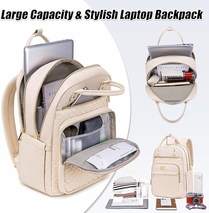 Tealari Laptop Backpack for Women,15.6 Inch Laptop Backpack for Work,Water Resistant Travel Backpack,College Bookbag with Wallet (Beige)