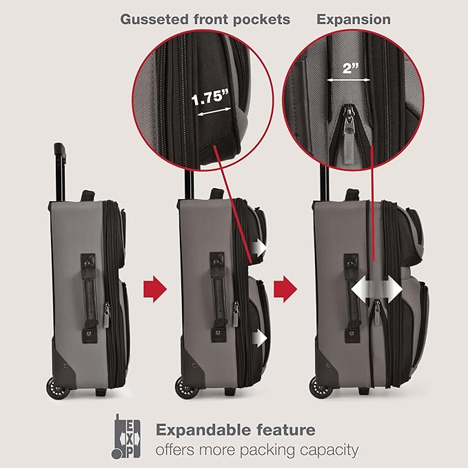 U.S. Traveler Rio Lightweight Softside Rolling Carry-on Suitcase, 2-Wheel Set, Grey