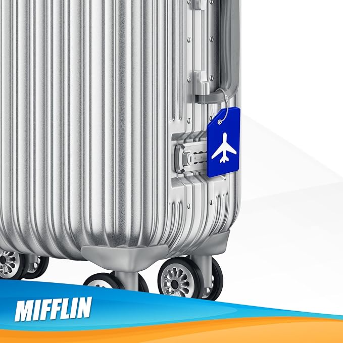 Mifflin-USA Silicone Luggage Tags (Blue, 2 Pack) with Plane Embedded Design & Name ID Card; Bright Colors to Quickly Find Your Bag