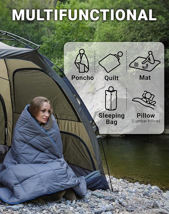 KingCamp Ultralight Camping Blanket, Packable Down Alternative Puffy Wearable Blankets Weatherproof Warm Package Quilt with Snap Buttons for Outdoor Hiking Travel Picnic Stadium (69" x 53", Charcoal)