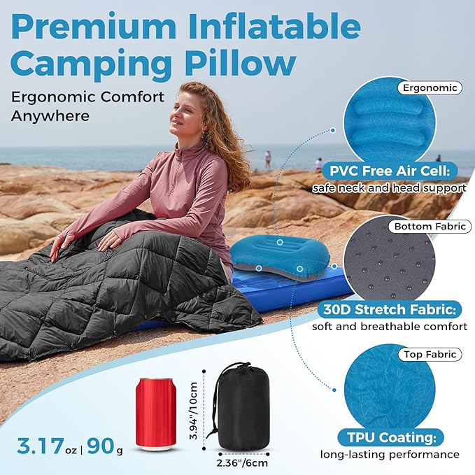 ATEPA Inflatable Camping Pillow, Ultralight Waterproof Travel Pillow with Ergonomic Support & Leak-Proof Air Valve, Compact Portable Pillow for Hiking Backpacking Tent Airplane Beach, Navy