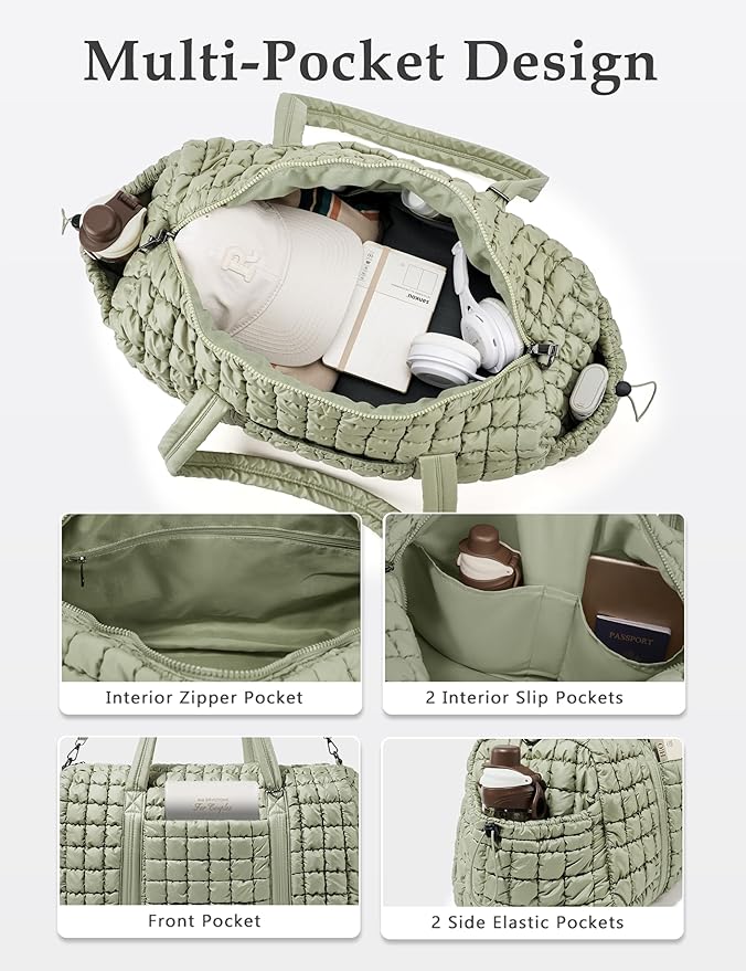 Quilted Travel Duffle Bag for Women Medium Weekender Bag Puffer Overnight Bag Large Soft Puffy Duffel Bag Carry-On Gym Bag Lightweight Personal Item Travel Bag for Trips Business Sport Airplane