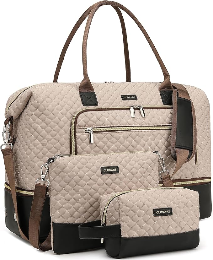 Duffle Bag for Women Travel, Weekender Bag Overnight Bag with Shoe Compartment, Carry on Bag with Crossbody Purse for Over Night, Weekend, Yoga, Gym, Business Trips, Hospital, Nude Black