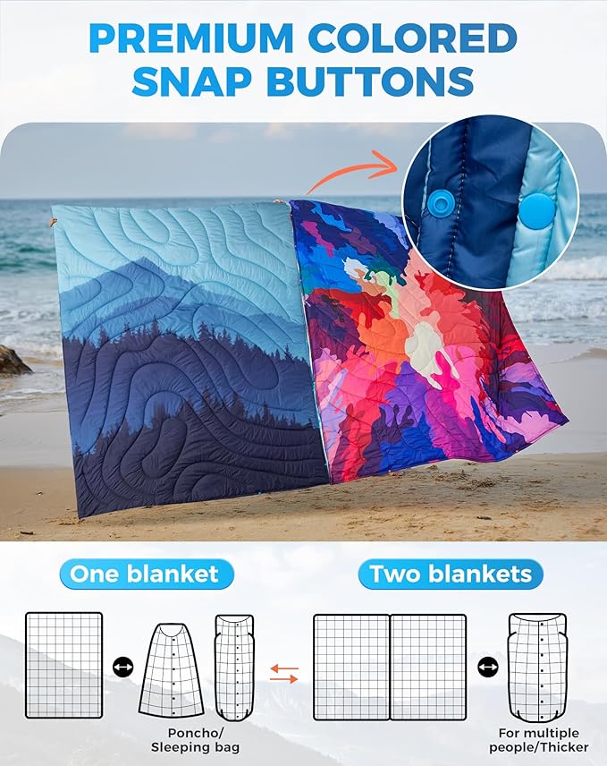 KingCamp Ultralight Camping Blanket, Packable Down Alternative Puffy Printed Wearable Blanket with Snap Buttons & Corner Loops Weatherproof Quilt for Outdoor Travel Stadium (78.7" x 57.1", Forest)