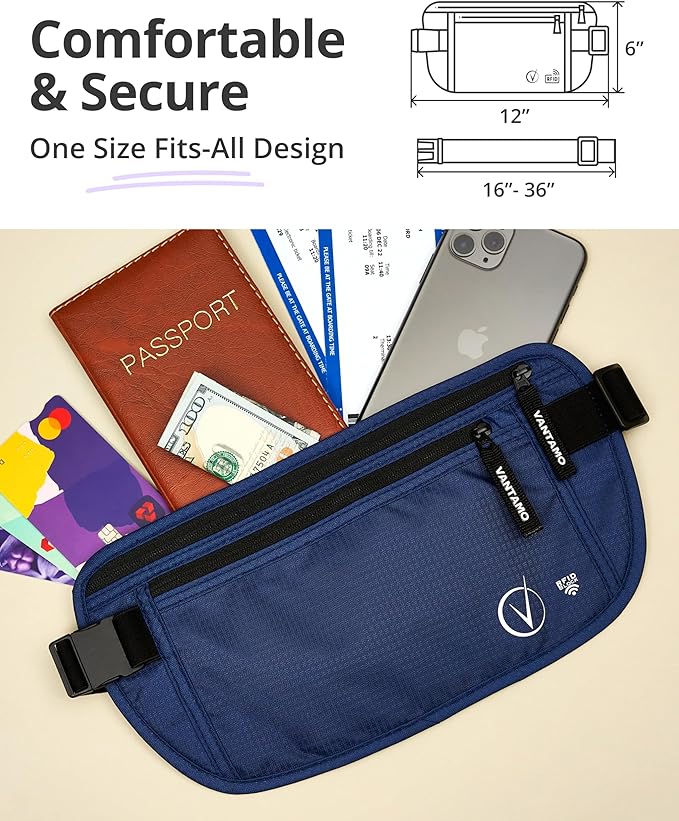 Vantamo Money Belt with RFID For Men & Women, Hidden Passport Holder for Travel, 2 Compartment Travel Fanny Pack for Women Anti Theft