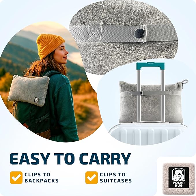 Travel Blanket and Pillow Set — Airplane Blanket with Inflatable Pillow and Cotton Pillowcase, Travel Blanket Combo with Back-Neck Snaps for Long Flights