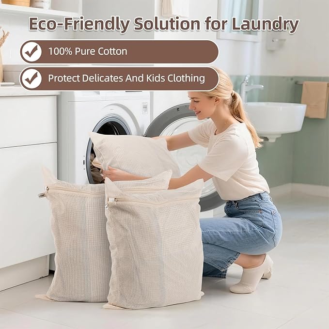 100% Pure Cotton Mesh Laundry Bags, Premium Soft, No Dye, Natual,Set of 3(XXL)