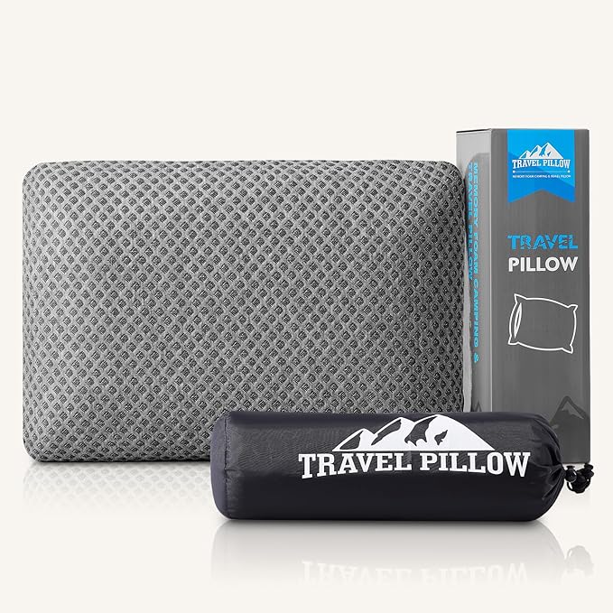 Travel Pillow Memory Foam Pillows, Camping Pillow-Compressible Medium Firm, Breathable Cover, Ideal Backpacking Hiking, Bed Pillows, Airplane and Car (Dark Grey, M)
