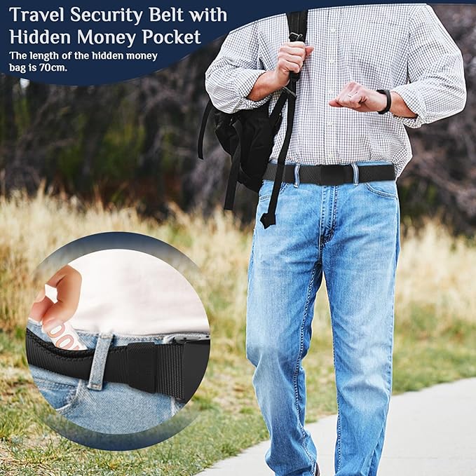 Money Belt- Travel Security Money Belt with Secret Compartment, Anti-Theft Nylon Hidden Money Pouch with Zinc Alloy Buckle for Dad Boyfriend Men, Business Travel Daily
