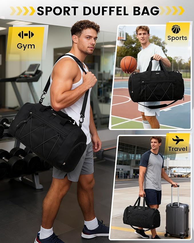 Vorspack Gym Bag for Men - 21 Inches Duffle Bag for Travel Water-resistant Travel Bag with Shoe Compartment Wet Pocket Duffel Bag for Gym Sports Travel Weekender Overnight - Black