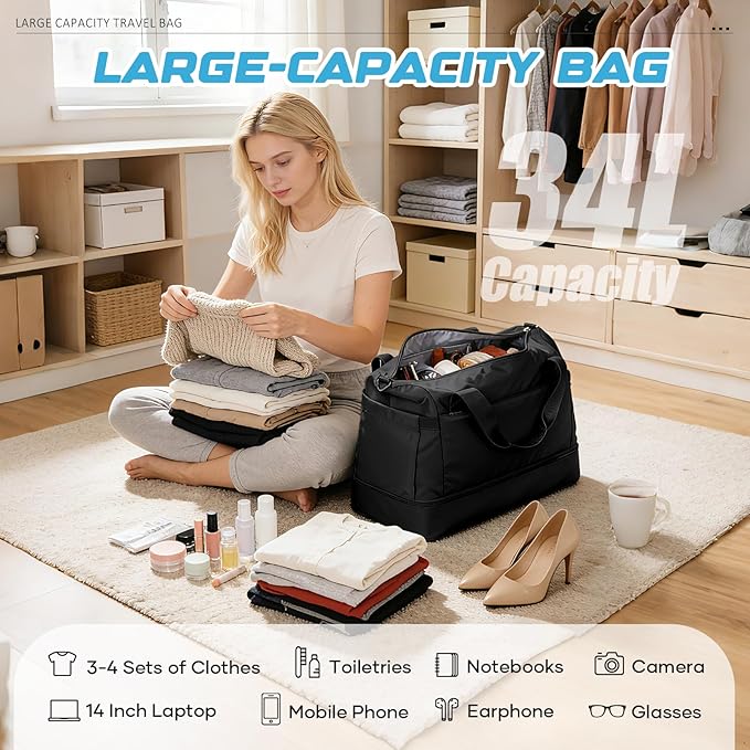 Small Black Gym Duffle Bag for Women Men with Shoe Compartment, Mini Cute Weekender Handbag Carry on Travel Bag for Airplane, Water Resistant Sports Yoga Tote Bag with Dry Wet Separated Pocket.
