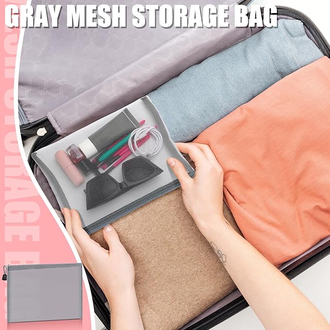 Outus 15 Pieces Mesh Bags Pouch Mesh Zipper Pouch Makeup Bags Cosmetic Travel Organizer Zipper Pencil Case for Organizing Office travel Storage(9.84 x 7.09 Inches,Gray)