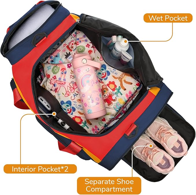 WOOMADA Kids Duffle Bag for Boys or Girls,Weekender Overnight Bag with Shoe Compartment & Wet Pocket Perfect For School, Sports, Overnight Trips(Red Blue)