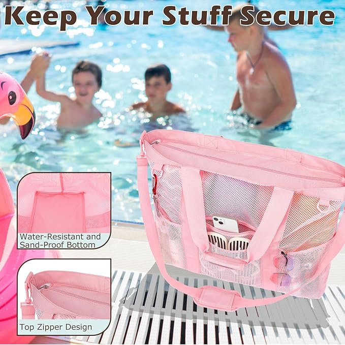 Fammart Mesh Beach Bag, Large Beach Tote with Zipper Pocket, Toys Pool Bag for Family Travel Vacation Cruise Essentials