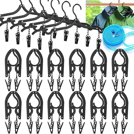 12 PCS Travel Hangers,Portable Folding Clothes Hanger,Travel Accessories Foldable Travel Hangers with Clips,Foldable Clothes Drying Rack for Travel,Black Plastic Non Slip Clothing Hangers