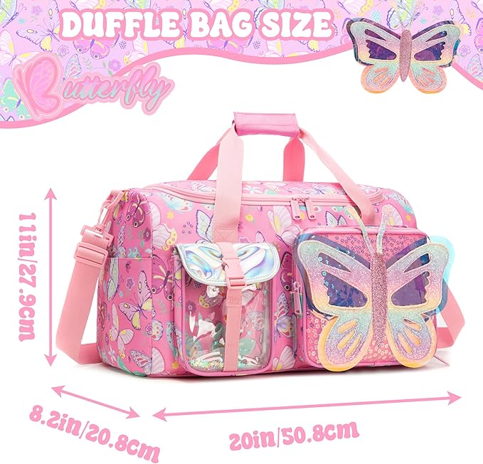 Butterfly Kids Duffle Bag Girls Ballet Dance Bag Overnight Travel Bags for Girls Gymnastics Sports Bags for Kids with Shoe Compartment