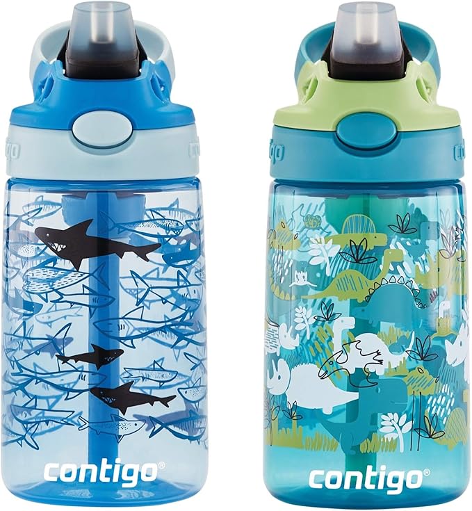 Contigo Aubrey Kids Water Bottle, 2-Pack, 14oz, Dinos & Sharks, Spill-Proof Lid, Dishwasher Safe, Blue & Green