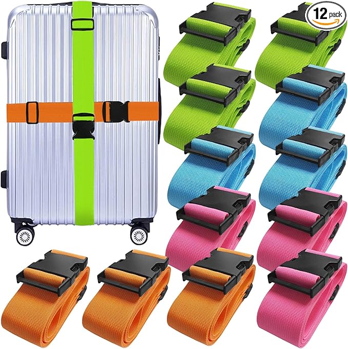 Ikaufen 12 Pack Luggage Straps Suitcase Belts Straps Wide Adjustable Packing Straps Travel Belts Accessories for Business Traveling Packing (Multicolor)