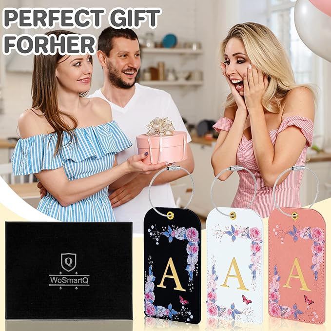3 Pack Luxury Floral Luggage Tags, Durable PU Leather Suitcase Tags with Stainless Steel Cable Strap, Hidden ID Slot for Privacy Protection, Easy to Identify Waterproof Travel Accessories Gift (A)