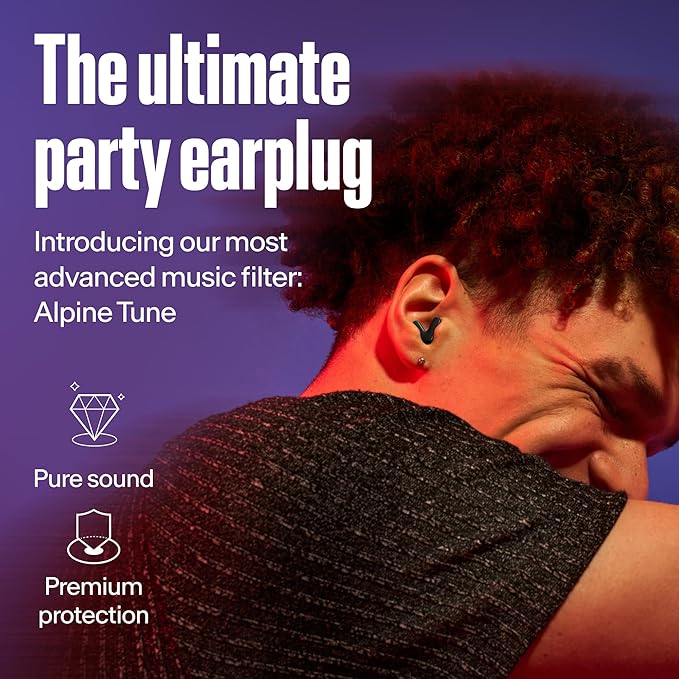 Alpine Tune Earplugs, Concert Ear Plugs for Noise Reduction, High Fidelity Music Quality, 19dB Hearing Protection with Crystal Clear Sound, Incl. 4 Sizes, for Parties, Raves, Festivals & Clubs, Black
