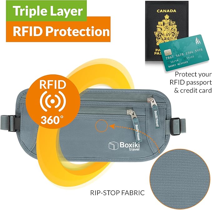 Money Belt for Travel w/RFID Blocking Technology - Hidden Travel Money Pouch for Cash, Credit Cards, Passport, and Travel Valuables - Secure Water Resistant Money Belt for Men & Women - Gray