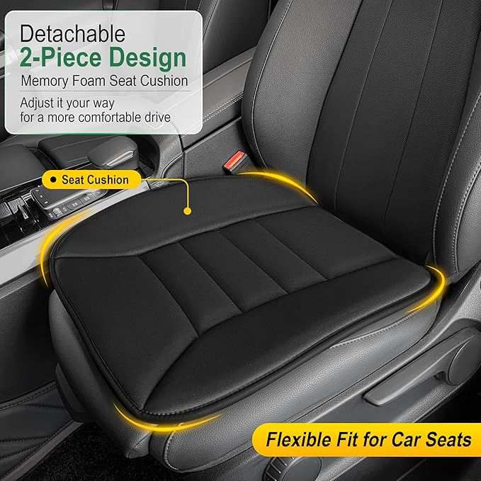 kingphenix 3-Piece Car Seat Cushion Set, 1.2inch Memory Foam Comfort, 2 Front Automotive Seat Cushions + Rear Bench Cushion, Non-Slip Bottom, Fits Sedan SUV Truck Van, Car & Office Chair, Black