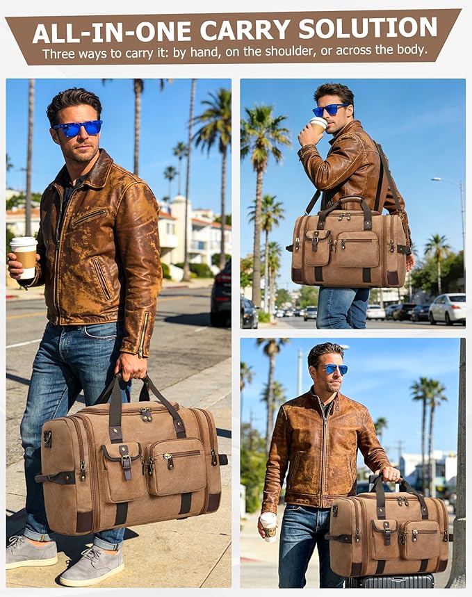 Canvas Duffle Bag for Travel, 55L Weekender Overnight Bag for Men & Women, Vintage Carry on Bags for Airplanes