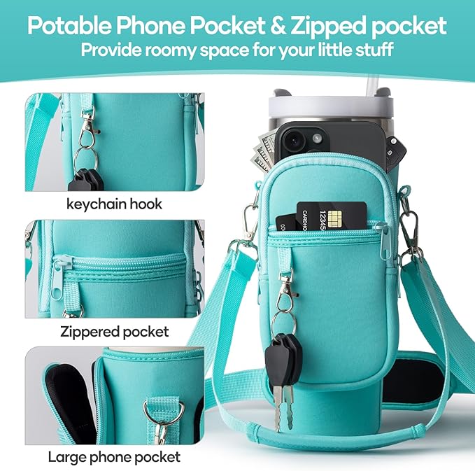 linmaya Water Bottle Carrier Bag for Stanley Cup 40/30oz with Phone Holder Pockets,Neoprene Water Bottle Cross-body Bag with Adjustable Shoulder & Hand Strap Stanley Cup Accessories