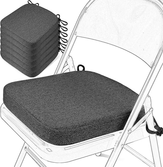 SINOSSO Memory Foam Chair Cushions for Folding Chairs 6 Pack, Thickened 2" Square Pads with Ties for Kitchen Chairs, Indoor Non-Slip Dining Chair Seat Cushions (6 Pcs, Dark Gray)
