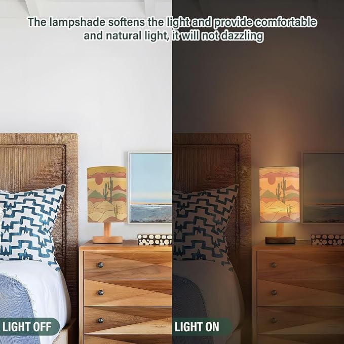 Fustylead Abstract Desert Sunset Cactus Bedside Table Lamps with USB Port for Bedroom Lamp Accent Table Lamp Small Nightstand Lamp Sturdy Linen Shade Wooden Decorative Lamps for Home|Kids|Holiday