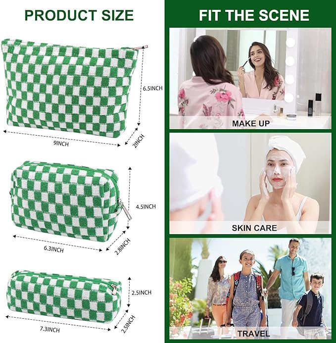 EIMMBD Makeup Bag 3 Pieces Large Capacity Checkered Cosmetic Bags Travel Toiletry Bag Organizer Cute Makeup Pouch Storage for Women (Green)
