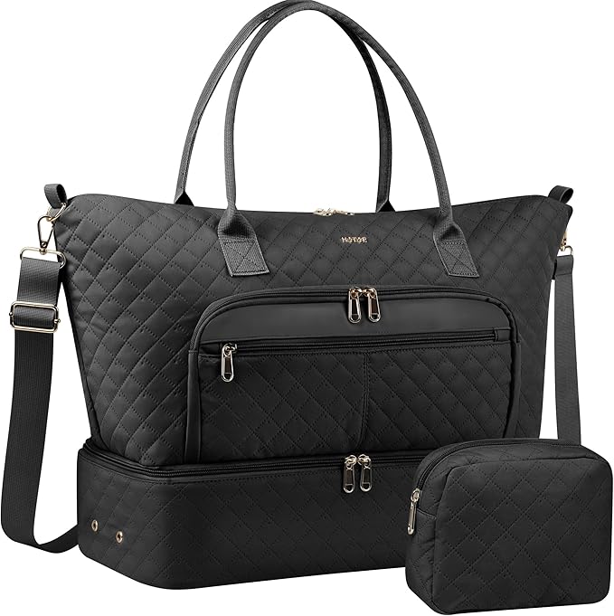HOTOR Travel Duffle Bag for Women - Carry on Bag with Toiletry Pouch & Shoe Compartment, Large Overnight Weekender Bags for Gym, Business Trips, Sports and Hospital, Black, 18.1" x 8.7" x 15.8"